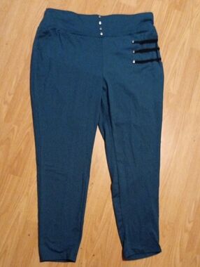 SHEIN Teal High-Waist Ankle Ponte Pants with Side Strap Detail